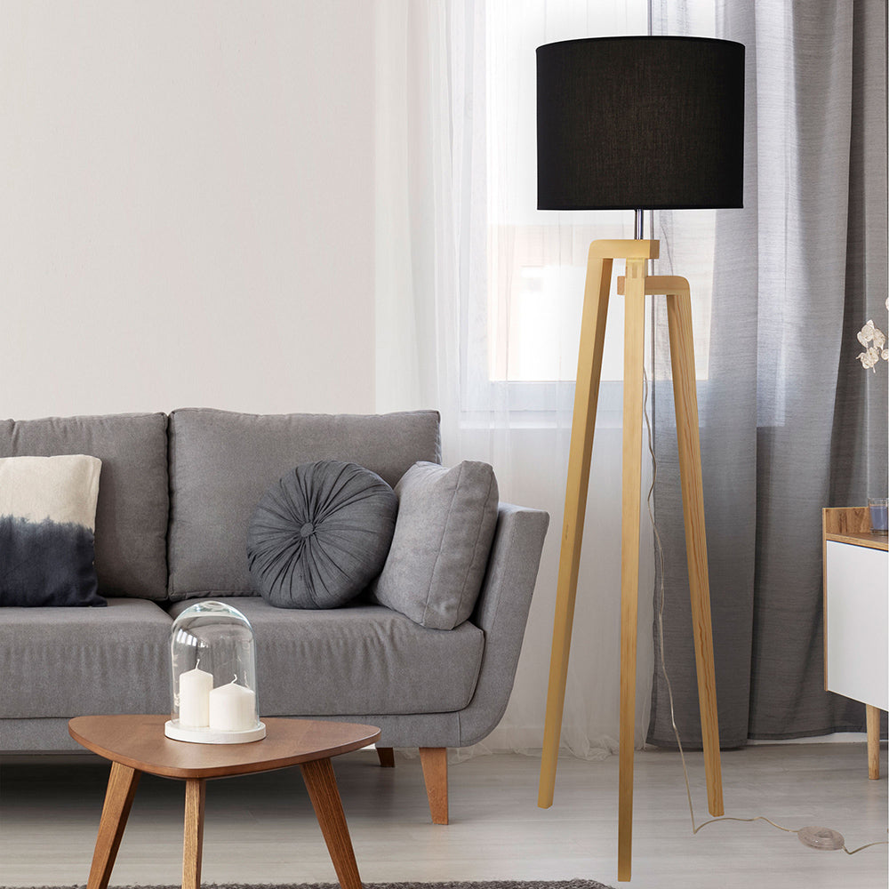 Lund Scandi Timber Tripod Floor Lamp Black - OL93525BK