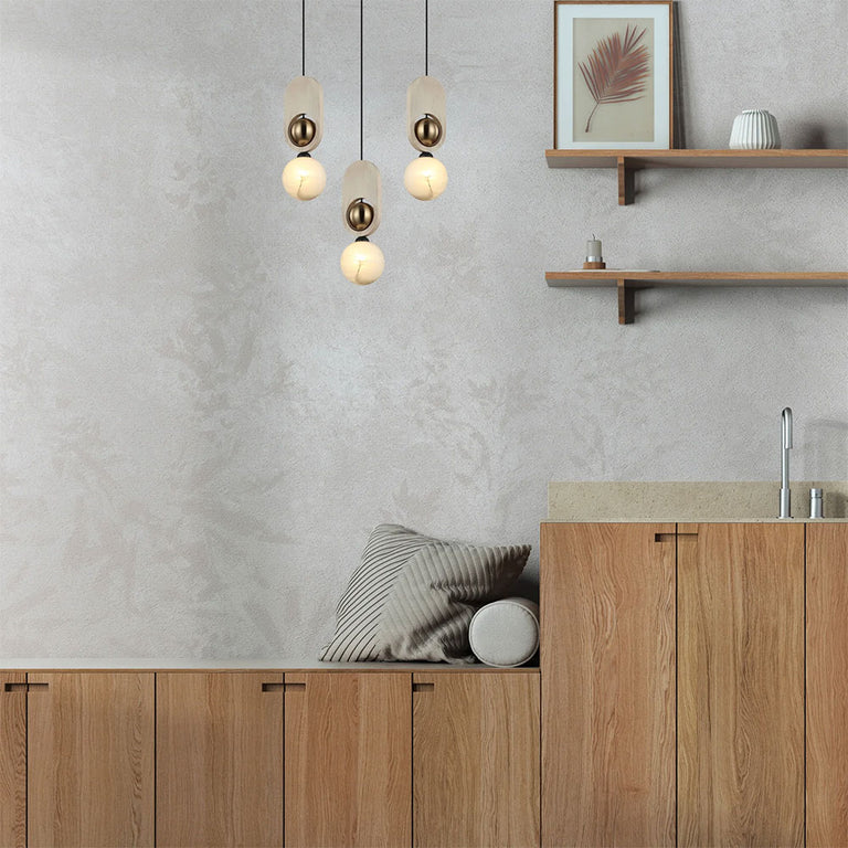 Interior Sandblasted Opal Diffuser with Brass & Wood Highlight Pendant Natural - PALTA1