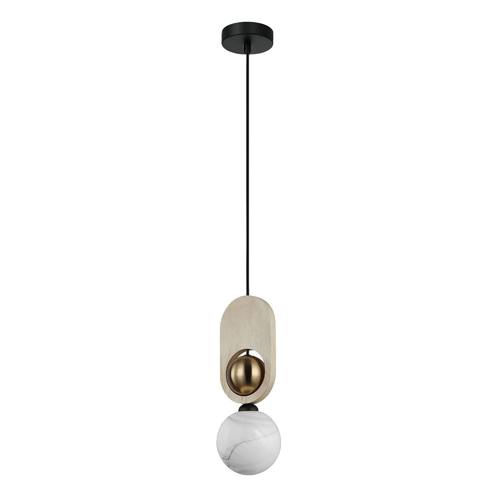 Interior Sandblasted Opal Diffuser with Brass & Wood Highlight Pendant Natural - PALTA1