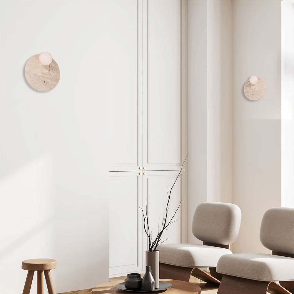 Interior Round Travertine Base With Beige Finish & Round Opal Diffuser Wall Light - POI2