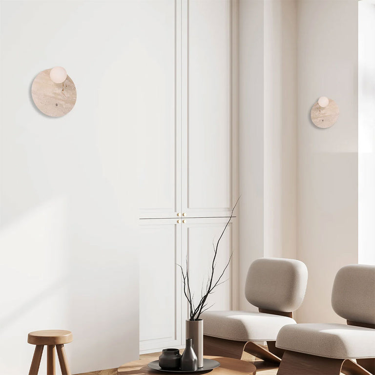 Interior Round Travertine Base With Beige Finish & Round Opal Diffuser Wall Light - POI2