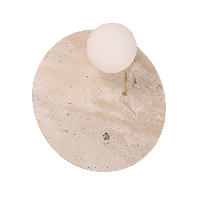 Interior Round Travertine Base With Beige Finish & Round Opal Diffuser Wall Light - POI2