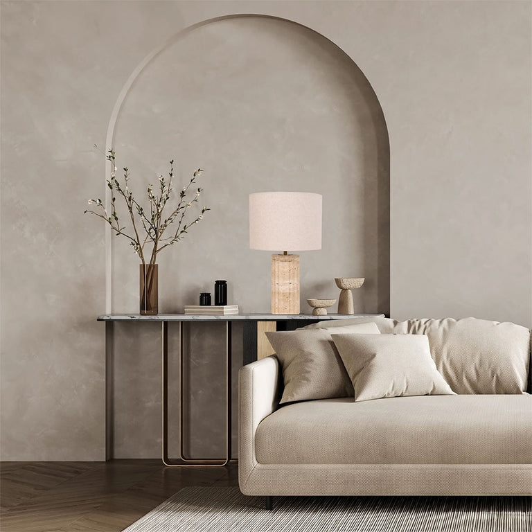 Sagitta Beige Travertine Base Oblong Fabric Cream Shade Table Lamp Small - SAGITTA-T1
