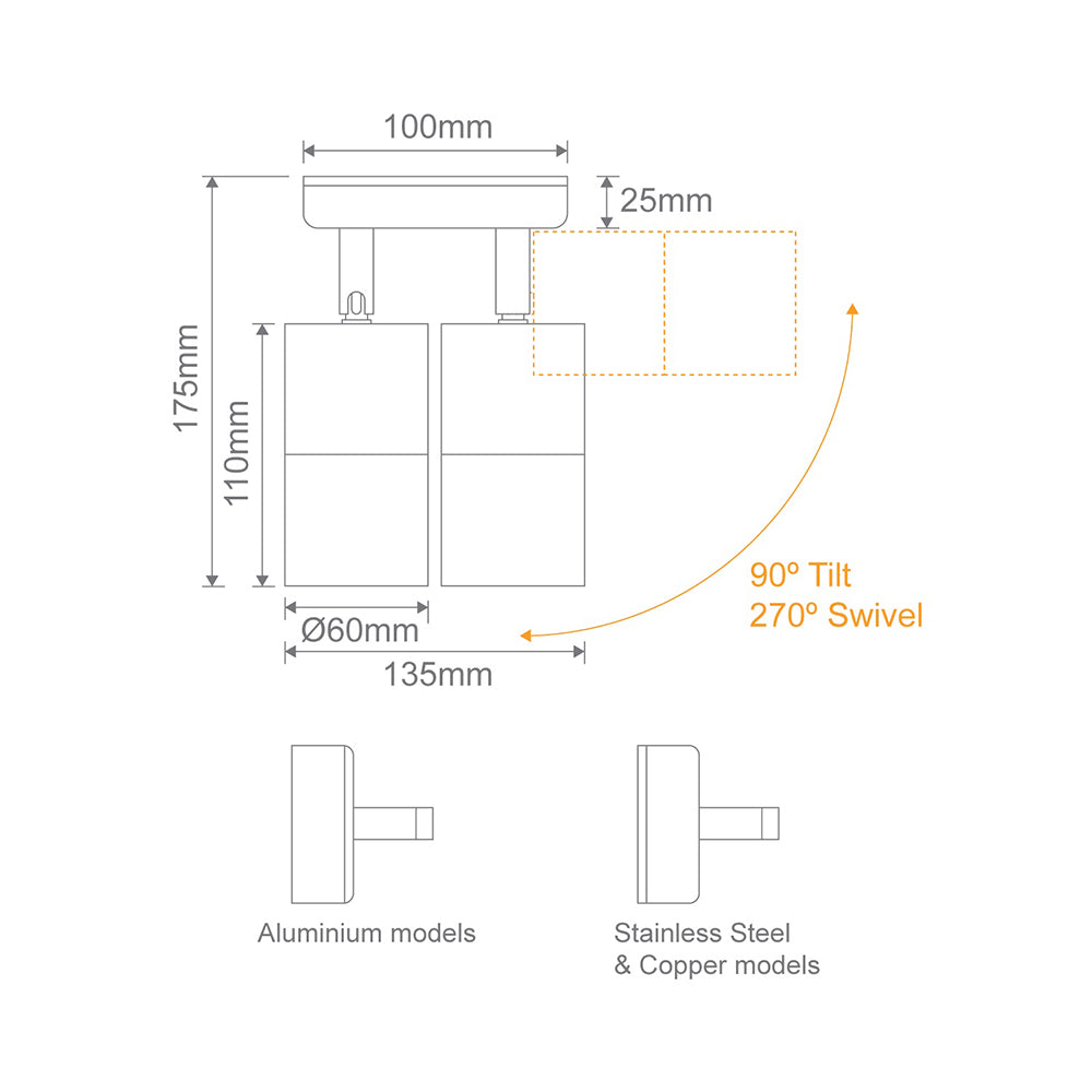 Shadow 2 x 6W LED Double Adjustable Wall Light Copper / Tri-Colour - 49059