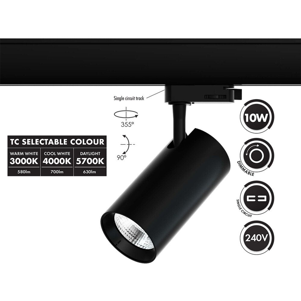 Unitrek Single Circuit 10W Dimmable LED Track Light Black / Tri-Colour - STR9017/10TC/BK