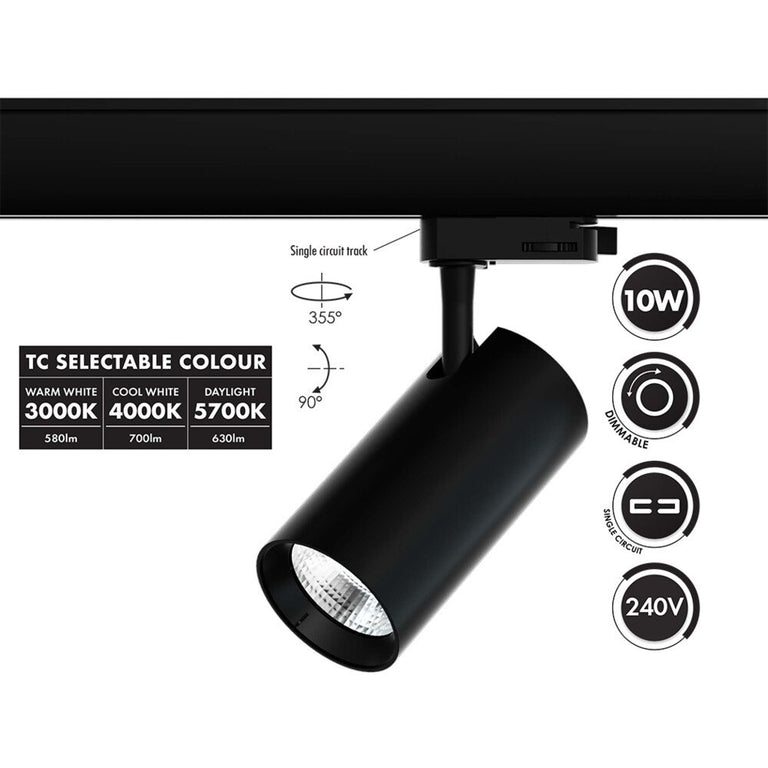 Unitrek Single Circuit 10W Dimmable LED Track Light Black / Tri-Colour - STR9017/10TC/BK