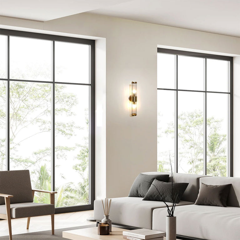 Tiempo Interior Up/Down Clear Tubular Glass Wall Light Antique Brass - TIEMPO1