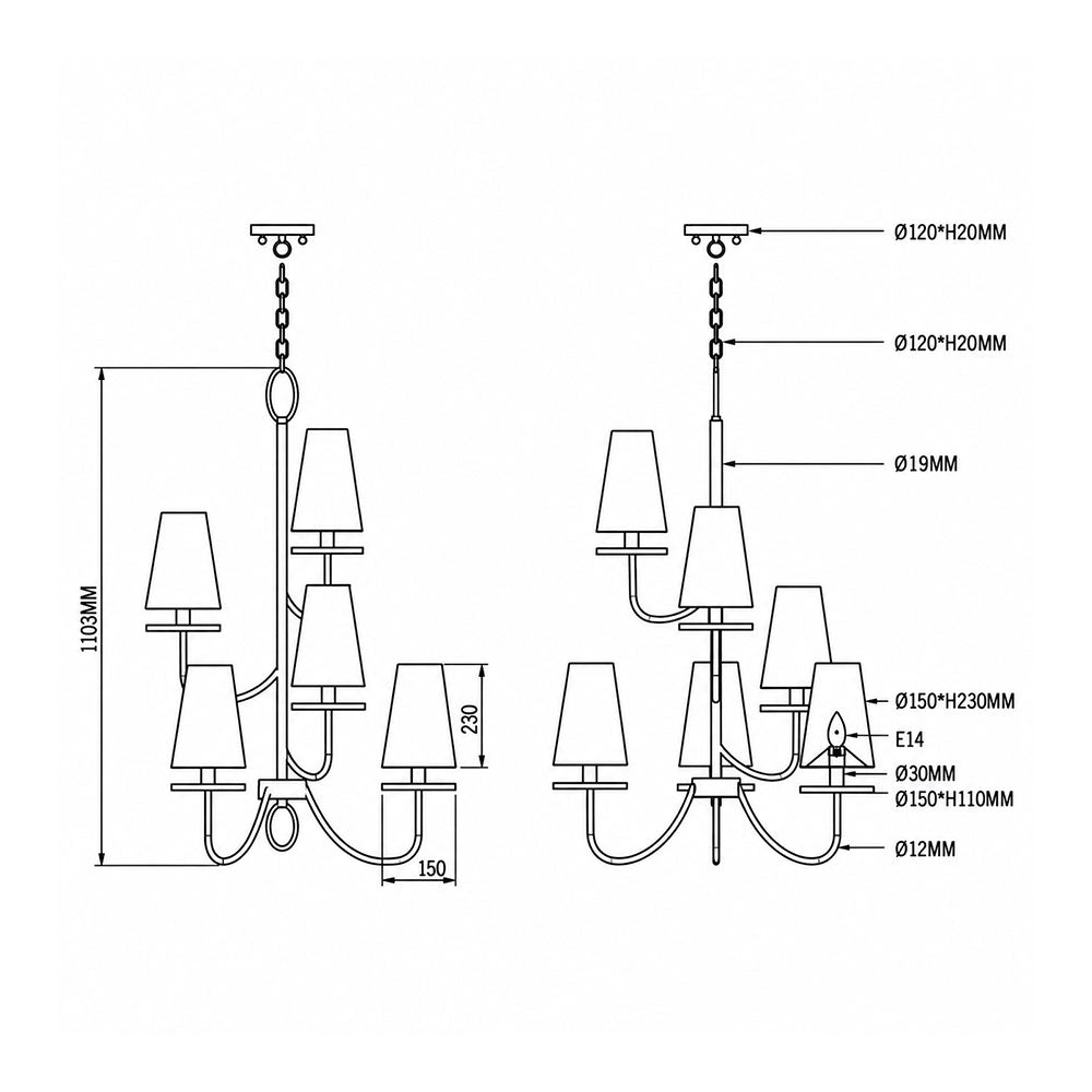 Royale 6 Light Pendant Black - UP-ROYALE-BLK