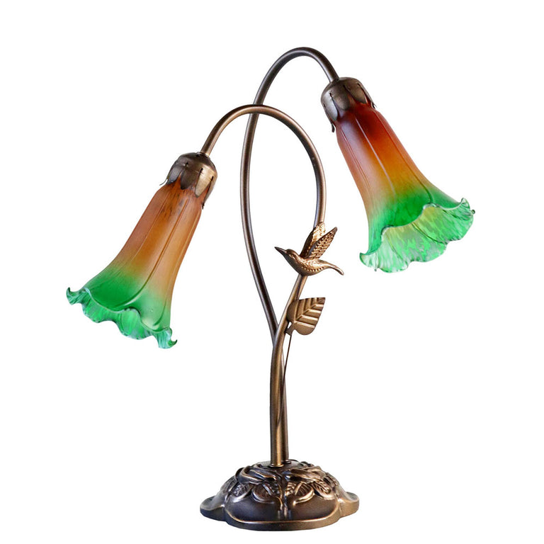 Twin Hummingbird Lily Tiffany Lamp Amber / Green - TLAH-002-AG