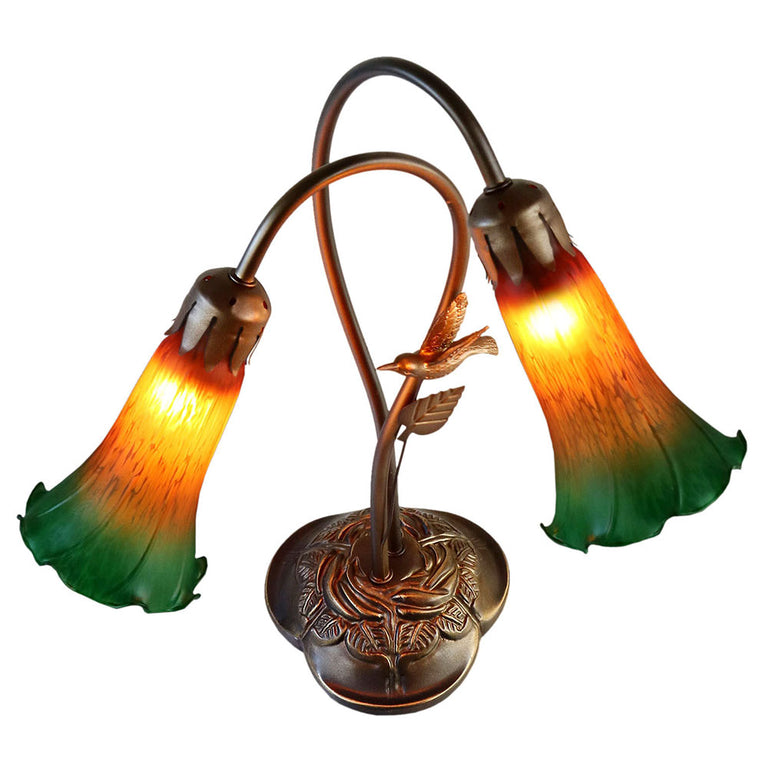 Twin Hummingbird Lily Tiffany Lamp Amber / Green - TLAH-002-AG