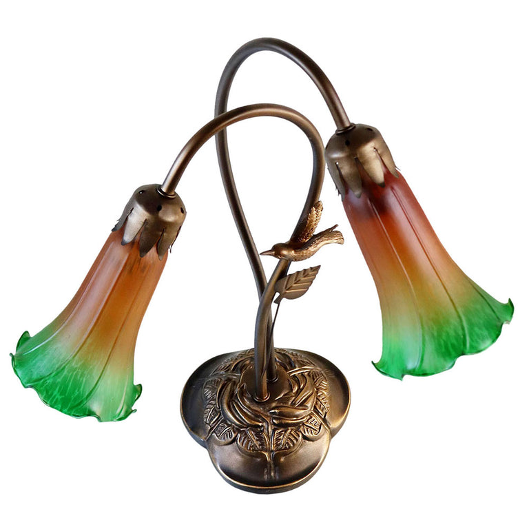 Twin Hummingbird Lily Tiffany Lamp Amber / Green - TLAH-002-AG