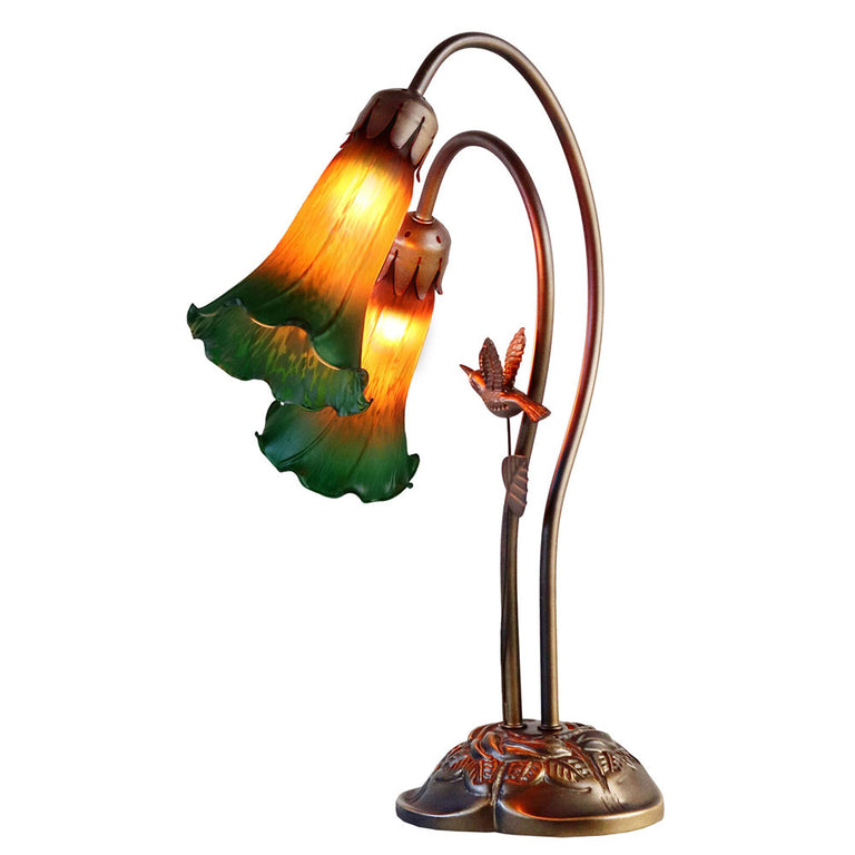 Twin Hummingbird Lily Tiffany Lamp Amber / Green - TLAH-002-AG