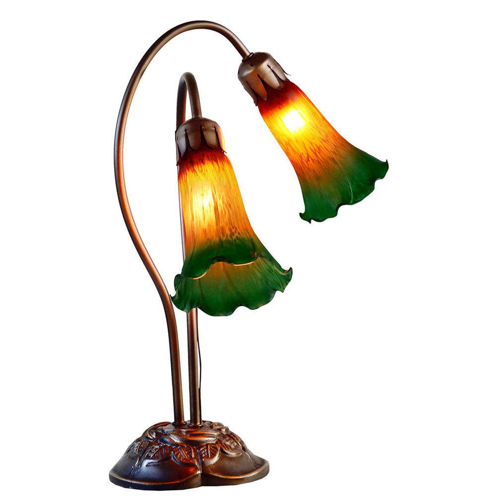 Twin Hummingbird Lily Tiffany Lamp Amber / Green - TLAH-002-AG