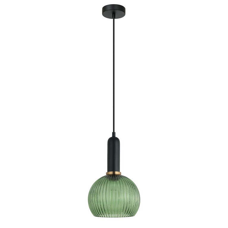 Interior Ribbed Wine Shaped Glass Pendant Green - VINTAJ2