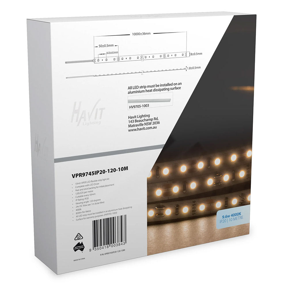 Viper 9.6W 24V DC 10 Metre LED Strip Kit / Natural White - VPR9745IP20-120-10M