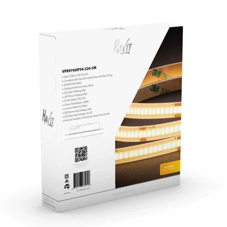 Viper COB 5W IP54 24V DC 3000K 5 Metre LED Strip Kit / Warm White - VPR9760IP54-320-5M