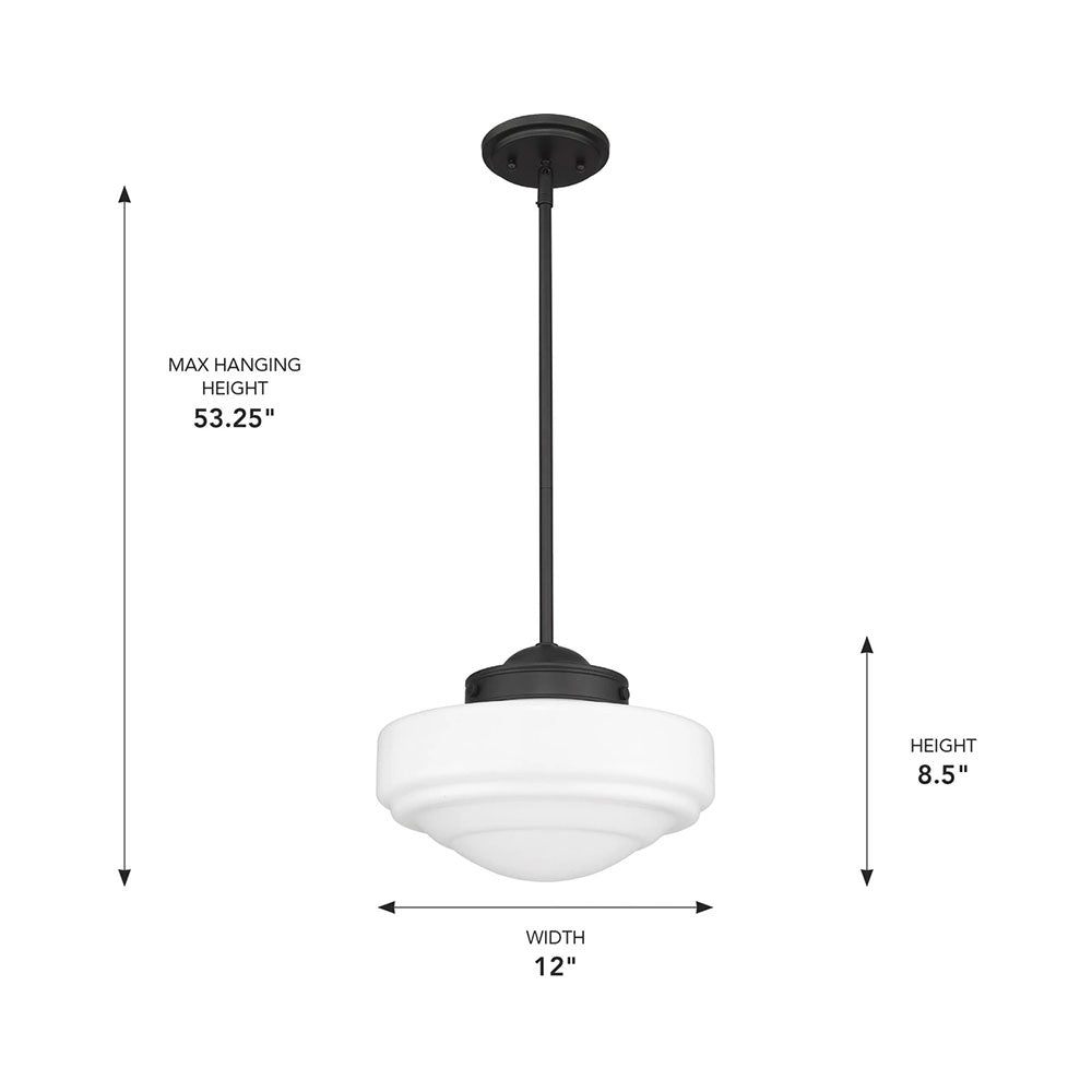 Vintage Medium Milk Glass 12" Matte Black Pendant Ceiling Light
