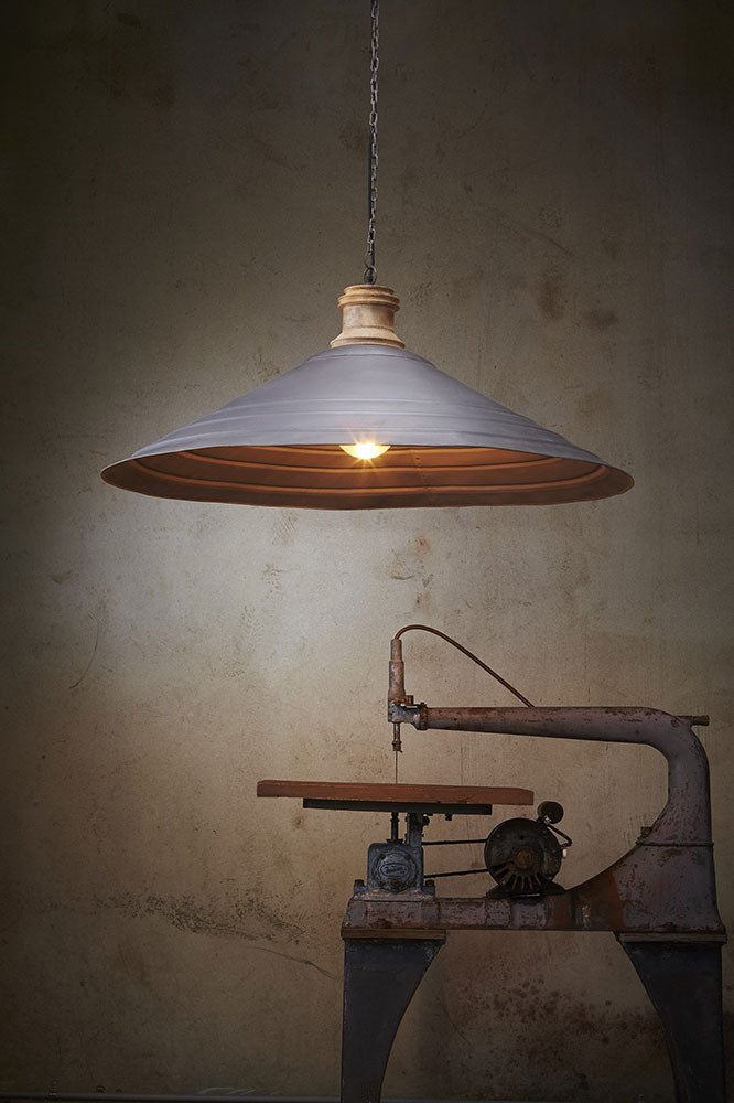 Hudson Iron Dish Pendant Extra Large Antique Zinc/Wood - ZAF10219