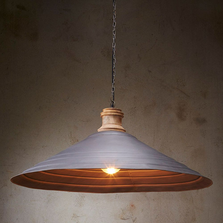 Hudson Iron Dish Pendant Extra Large Antique Zinc/Wood - ZAF10219