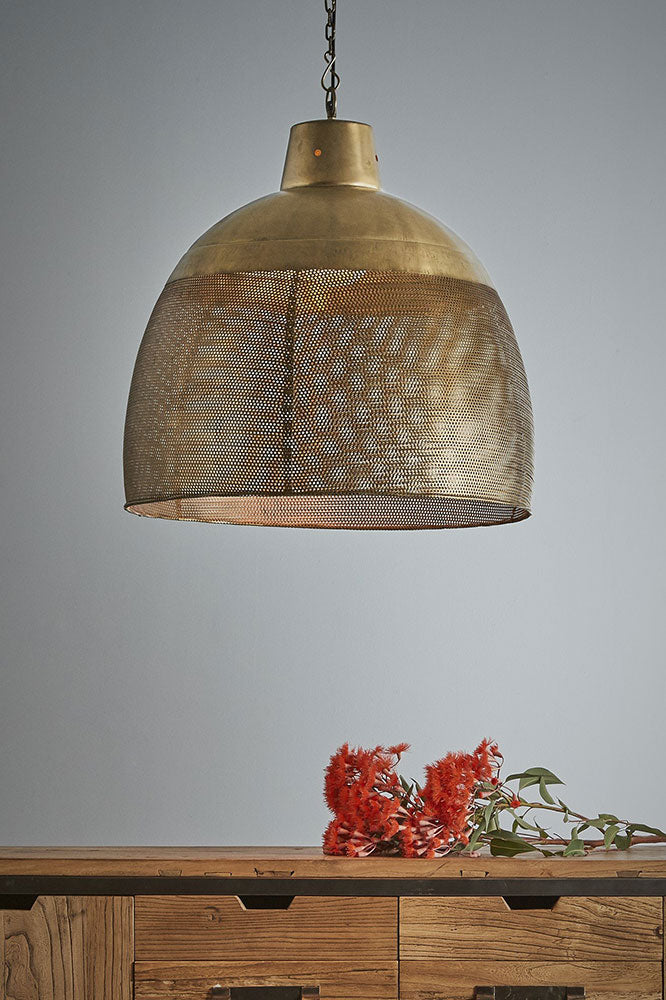 Riva Perforated Iron Dome Pendant Large Antique Brass - ZAF10258