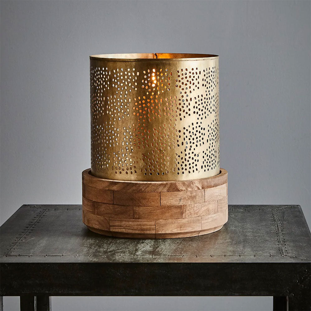 Siena Large Perforated Iron And Wood Hurricane Lamp Antique Brass - ZAF10372