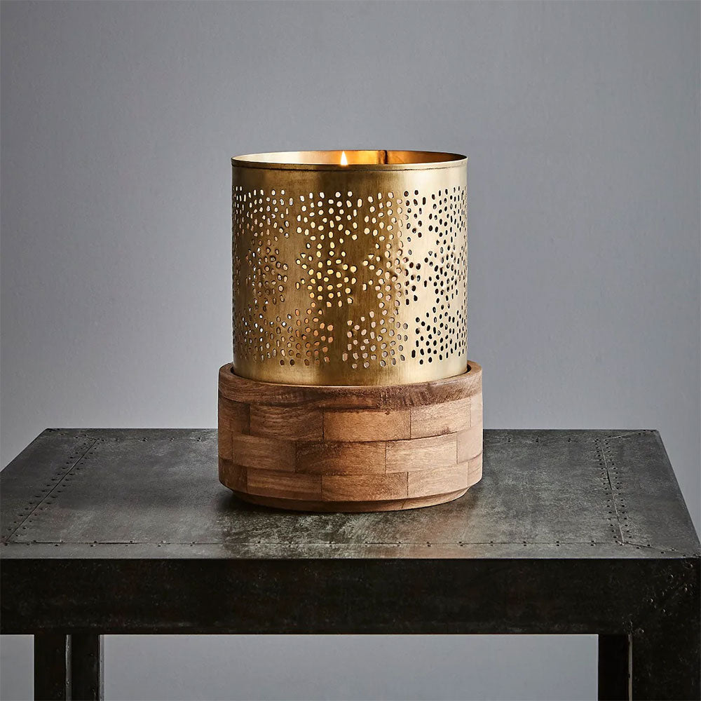Siena Small Perforated Iron And Wood Hurricane Lamp Antique Brass - ZAF10373
