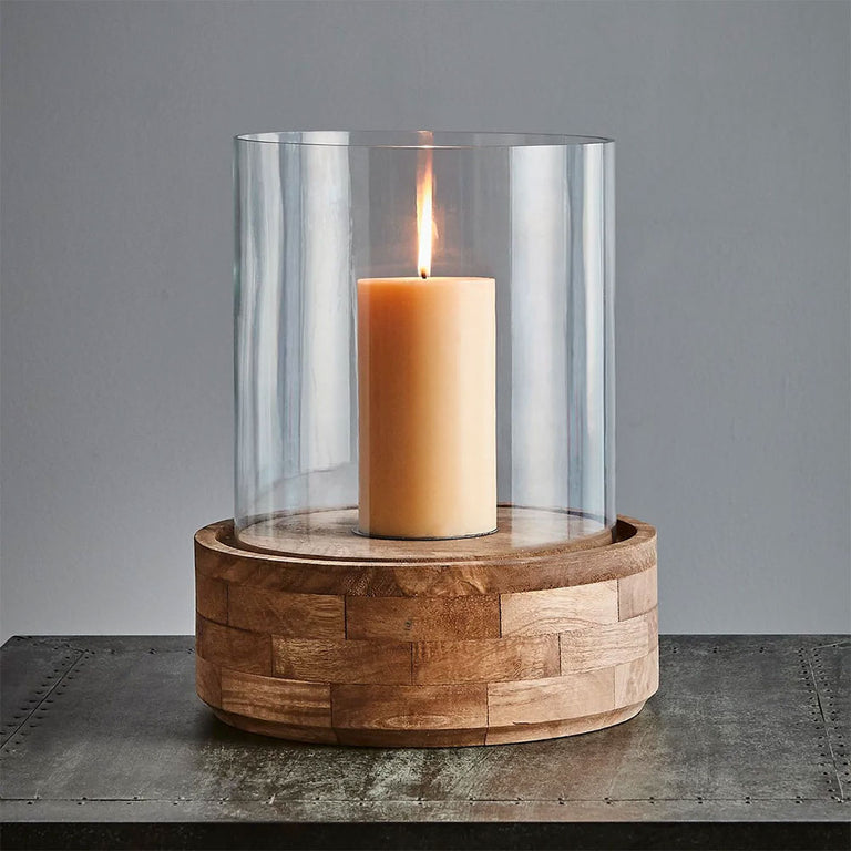 Amalfi Large Glass And Wood Hurricane Lamp Dark Natural / Clear Glass - ZAF10374