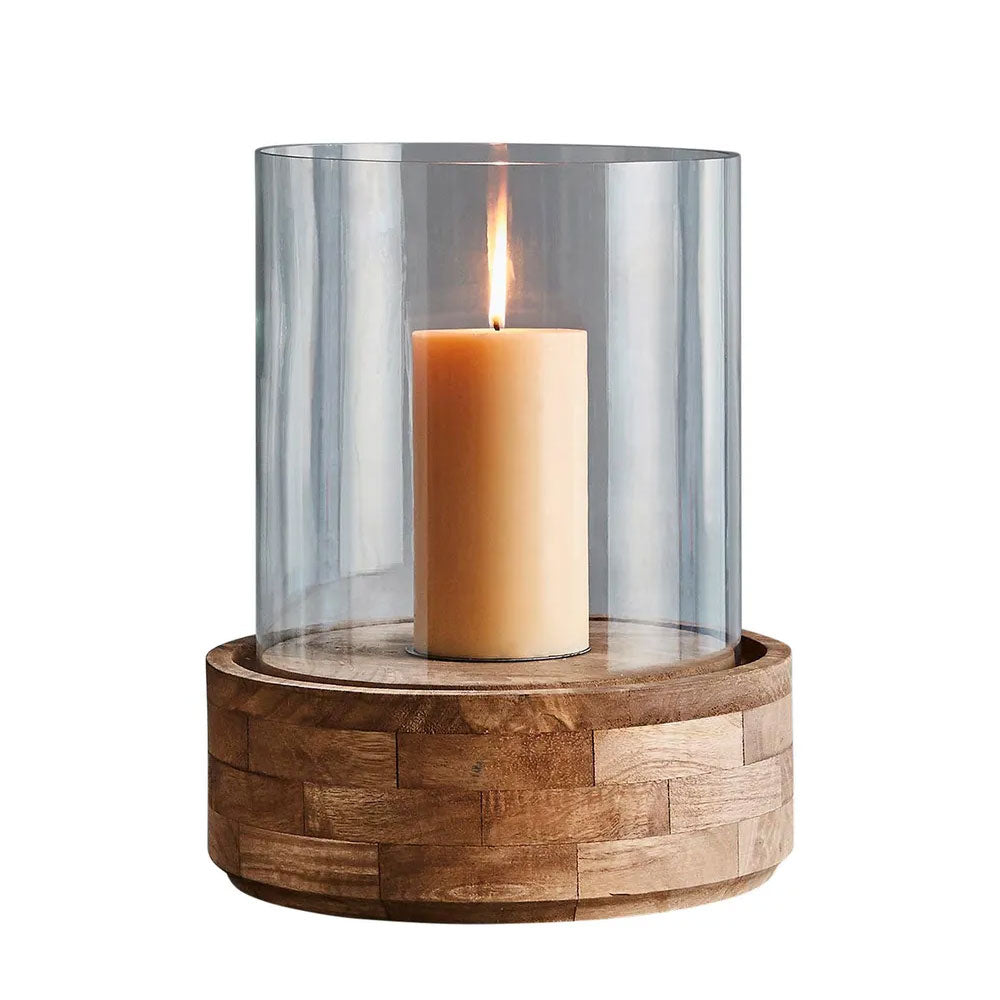 Amalfi Large Glass And Wood Hurricane Lamp Dark Natural / Clear Glass - ZAF10374