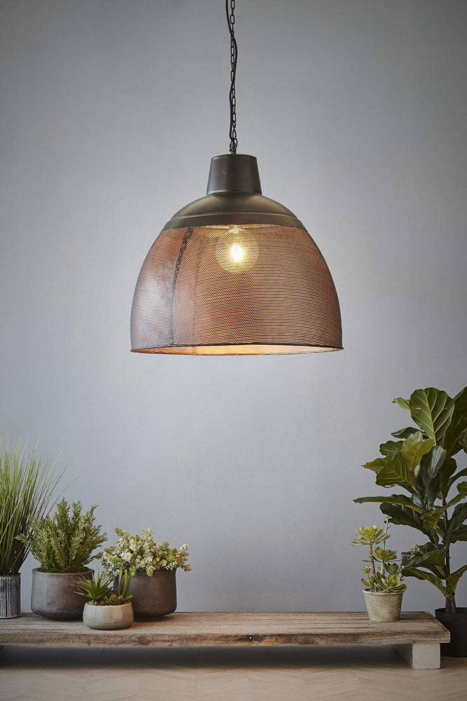 Riva Perforated Iron Dome Pendant Large Black/Gold - ZAF10502
