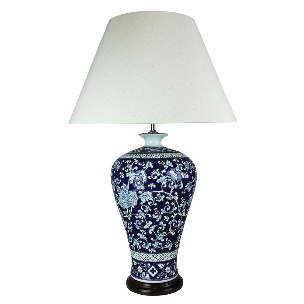 Yanmei Chinese Ceramic Floral Blue Table Lamp Offwhite Shade OL9695