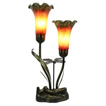 Two Branch Upward Tiffany Lily Table Lamp Green, Red & Yellow - N039-2-GRY