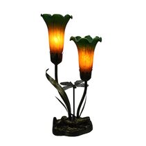 Two Branch Upward Tiffany Lily Table Lamp Green & Amber - N039-2-GA