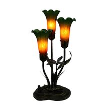 Three Branch Upward Tiffany Lily Table Lamp Green & Amber - N039-3-GA