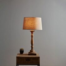 Candela Small Dark Natural Turned Wood Candlestick Table Lamp With Shade - KITZAF14129