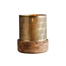 Siena Large Perforated Iron And Wood Hurricane Lamp Antique Brass - ZAF10372