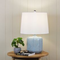 Bikki Embossed Ceramic Table Lamp with White Shantung Shade Blue - OL97971BL