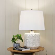 Bikki Embossed Ceramic Table Lamp with Shantung Shade White - OL97971WH