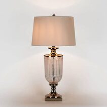 Bellevue Glass Nickel Lamp With White Linen Shade - OWDU0003W