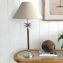 Nickel / Wood Palm Lamp With Natural Linen Shade - OWL0061
