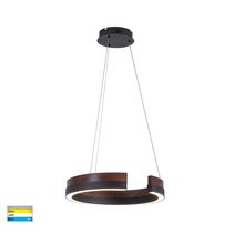 Orah 600mm LED Dimmable Round Walnut Timber With Black Pendant / Tri-Colour - HV6092T