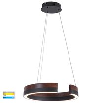 Orah 800mm LED Dimmable Round Walnut Timber With Black Pendant / Tri-Colour - HV6094T