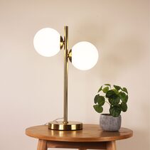 Valcross 2 Light Decorative with Opal Matt Glass Spheres Table Lamp Satin Brass - OL97442SB