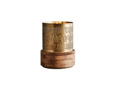 Siena Small Perforated Iron And Wood Hurricane Lamp Antique Brass - ZAF10373