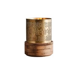 Siena Small Perforated Iron And Wood Hurricane Lamp Antique Brass - ZAF10373