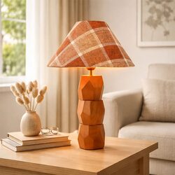 Helena Hand Faceted Wooden Base Table Lamps Plaid Shade Brown - LL-27-0329P