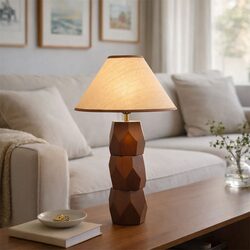 Helena Hand Faceted Wooden Base Table Lamps Woven Shade Brown - LL-27-0329W