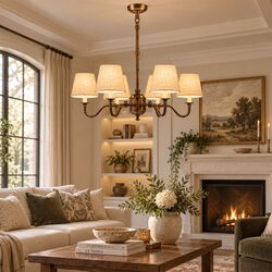 Prescot 6 Light Chandelier Dark Bronze With Light Natural Shade - ELPIM50727COP